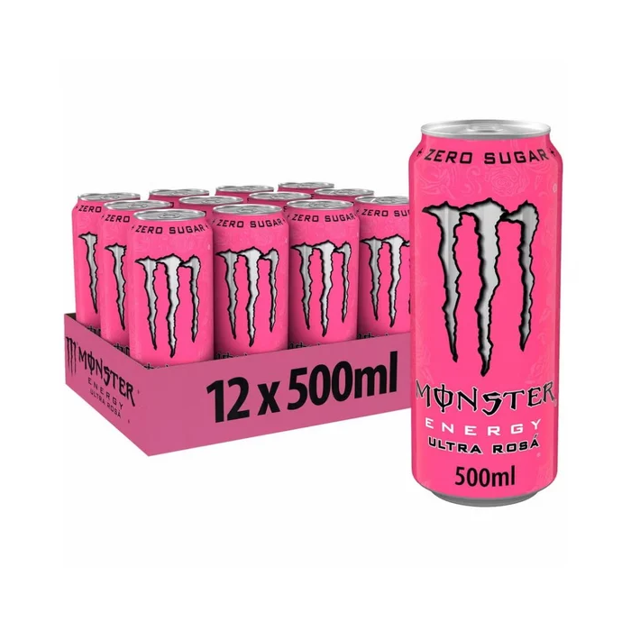 Monster Energy Ultra Rosa Sugar Free , Pack of 12 x 500ml - Refreshing Zero Sugar Energy Drink