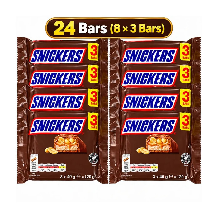 Snickers Chocolate Bars with Peanuts, Caramel & Nougat , Pack of 24 (8x3pk) x 40g - Total 960g