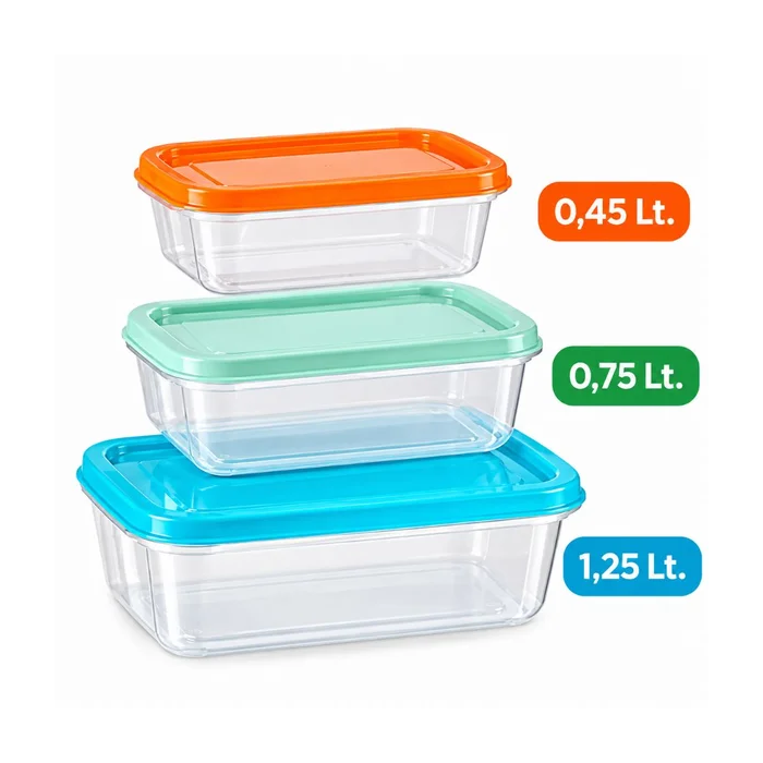3-Piece Multi-Size Rectangular Food Storage Container Set with Lids – 0.45L, 0.75L & 1.25L , Kitchen Organiser Boxes