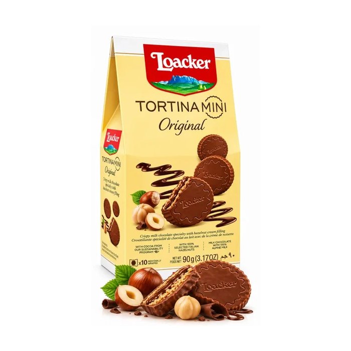 Loacker Tortina Mini Original , Pack of 10 x 9g (Total 90g) - Milk Chocolate Biscuits with Creamy Hazelnut Filling