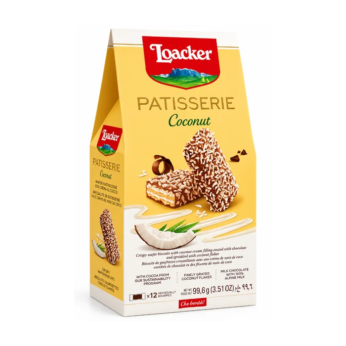  Loacker Patisserie Coconut Wafers, Pack of 12 x 8.3g (Net Weight 99.6g) - Milk Chocolate Wafers with Coconut Flakes