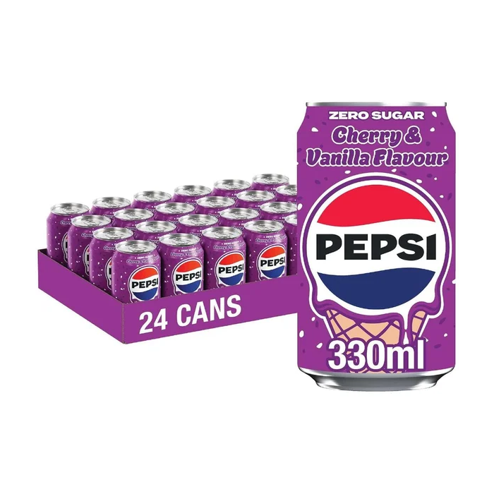 Pepsi Cherry & Vanilla Flavour Zero Sugar Soft Drink – Pack of 24 x 330ml 