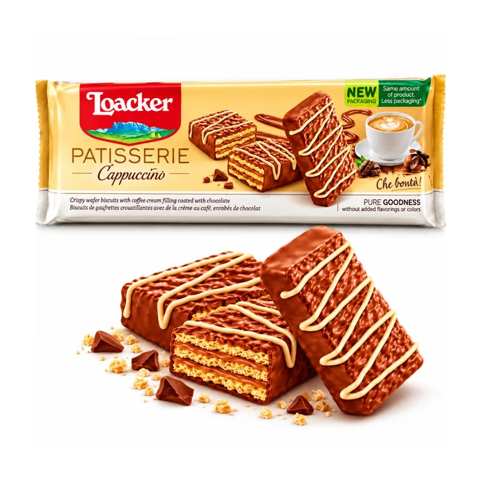 Loacker Patisserie Cappuccino Wafer Biscuits 100g – Chocolate Coated Coffee Cream Wafers