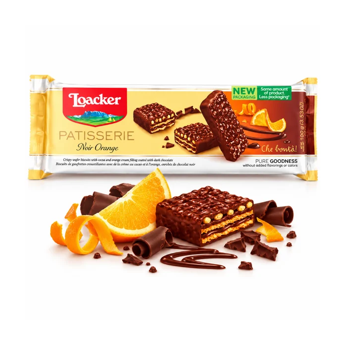 Loacker Patisserie Noir Orange, 100g - Dark Chocolate Coated Wafer Biscuits, Crispy Treat