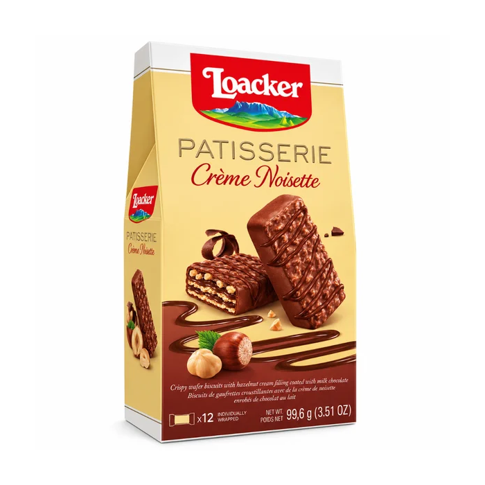 Loacker Patisserie Crème Noisette Crispy Wafer Biscuits, Pack of 12 x 8.3g (Total 99.6g) - Milk Chocolate Coated & Hazelnut Cream Filled