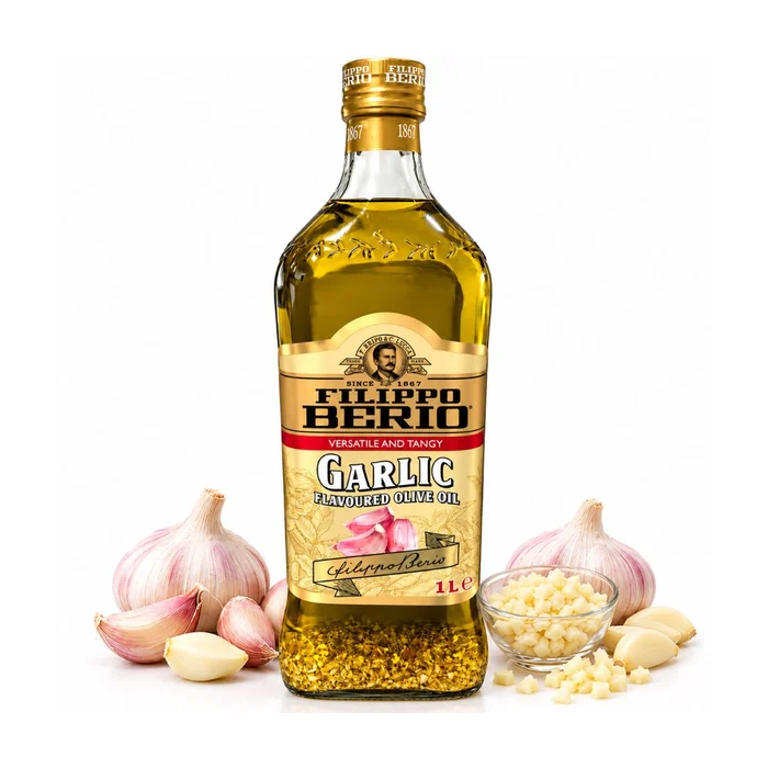 Filippo Berio Garlic Flavoured Olive Oil Glass Bottle 1L - For Pasta, Salads & Cooking