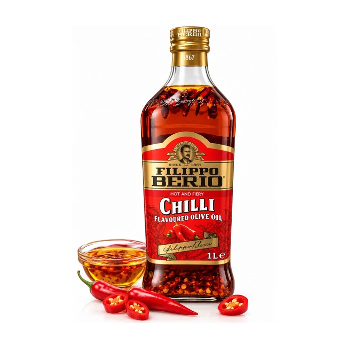 Filippo Berio Chilli Flavoured Olive Oil Glass Bottle 1L – Hot & Fiery Infused Oil for Pizza, Pasta & Cooking