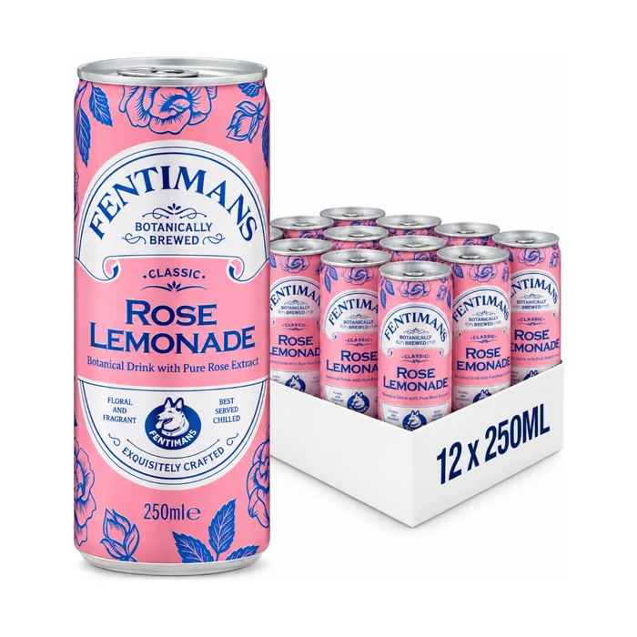 Fentimans Rose Lemonade Botanically Brewed Drink, Pack of 12 x 250ml - Sparkling Rose Flavoured Lemonade