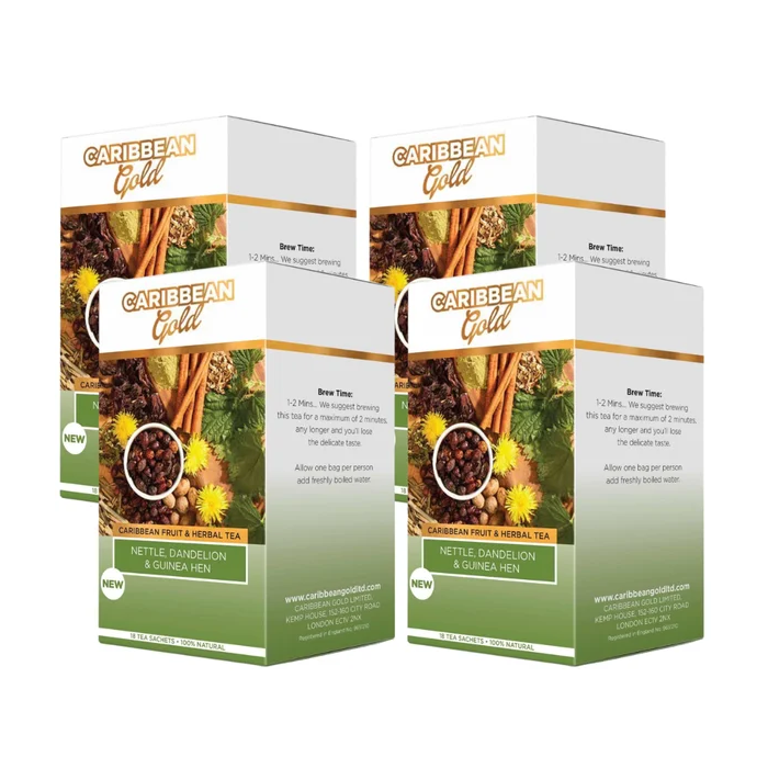 Caribbean Gold Nettle, Dandelion and Guinea Hen Fruit and Herbal Tea, 72 Herbal Tea Sachets - (Pack of 4 x 18 Sachets) x 31.5g - Fruit & Herb Infusion