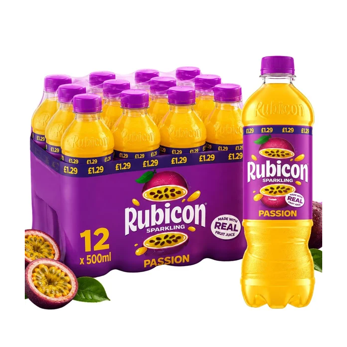 Rubicon Sparkling Passion Fruit Soft Drink PMP, Pack of 12 x 500ml - Sparkling Soft Drink with Real Fruit Juice
