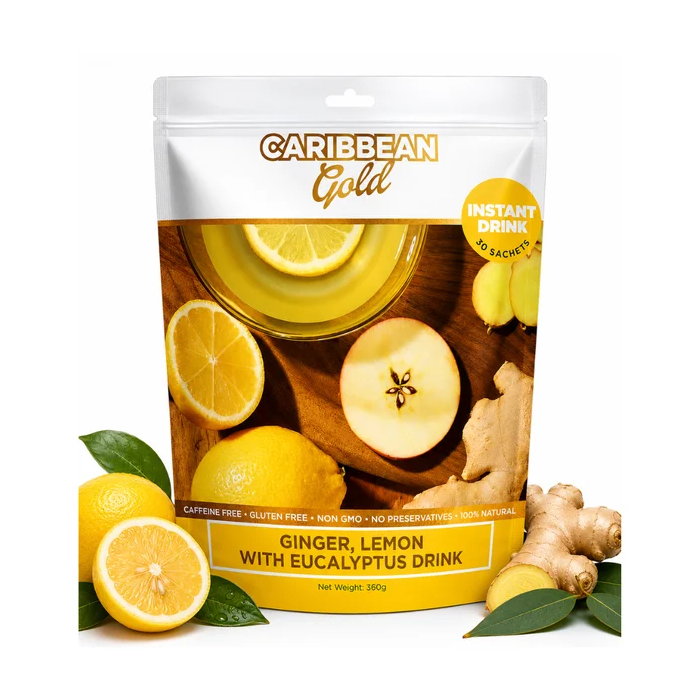 Caribbean Gold Ginger, Lemon and Eucalyptus Instant Drink Mix - 30 Convenient Sachets (360g) - Convenient Anytime Drink