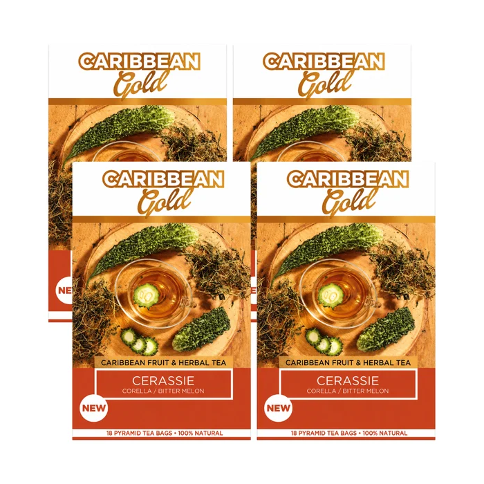 Caribbean Gold Cerassie (Corella/Bitter Melon) Fruit & Herbal Tea - 72 Pyramid Tea Bags - (Pack of 4 x 18 Sachets) x 31.5g, Delicious & Refreshing Herbal Infusion