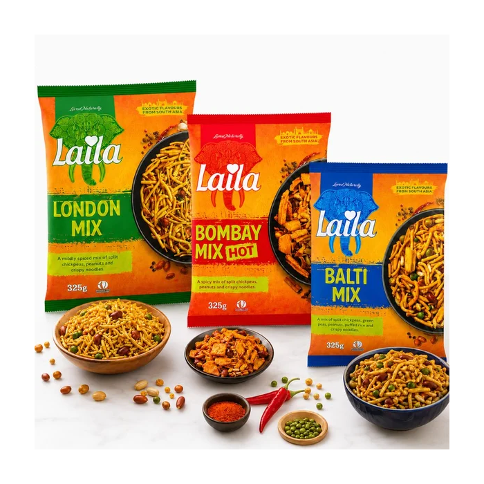 Laila Crunchy Snack Mix Variety Bundle -  Pack of 3 x 325g (1x Bombay Mix Hot , 1x London Mix & 1 x Balti Mix) 