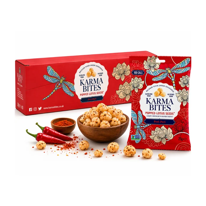 Karma Bites Popped Lotus Seeds Peri-Peri, Pack of 12 x 25g - Light & Crunchy Popped Makhana 