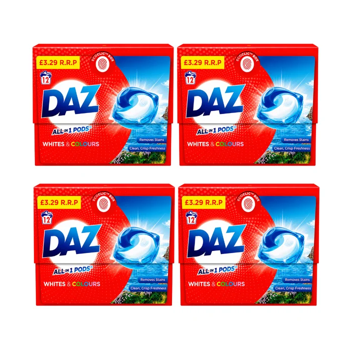 DAZ Washing Detergent Pods PMP, Pack of 4 x 12 Washes, All-in-1, Whites & Colours - Total 48 Washes