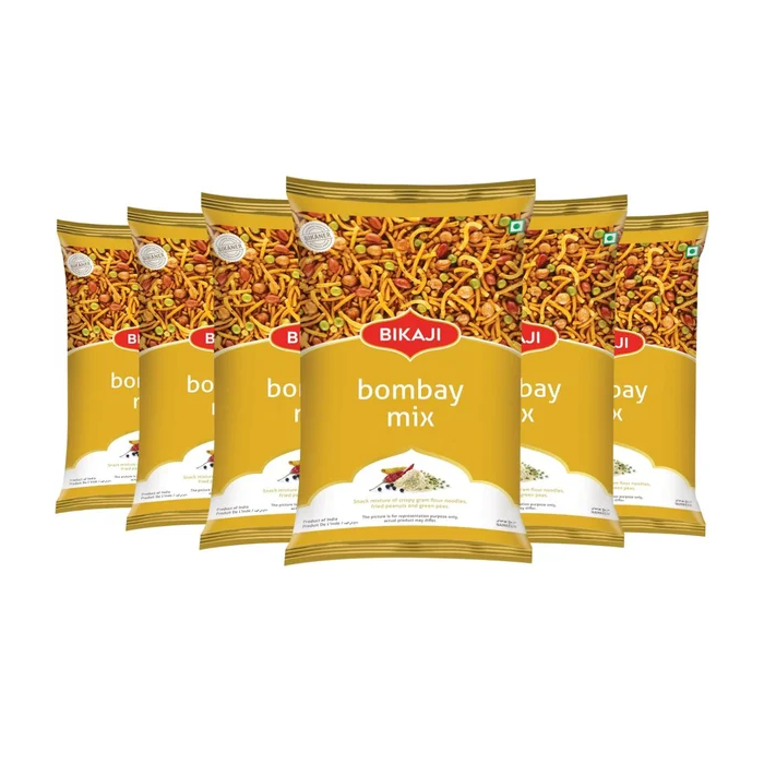 Bikaji Bombay Mix - Pack of 6 x 200g - Crunchy Namkeen with Sev, Peanuts & Green Peas