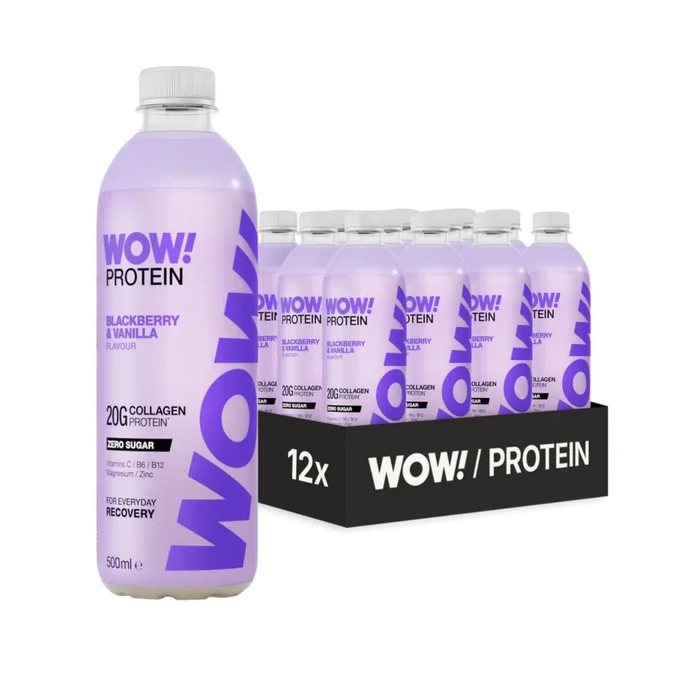 WOW! Protein Blackberry & Vanilla Collagen Protein Drink, Pack of 12 x 500ml, 20g Collagen Protein, Zero Sugar