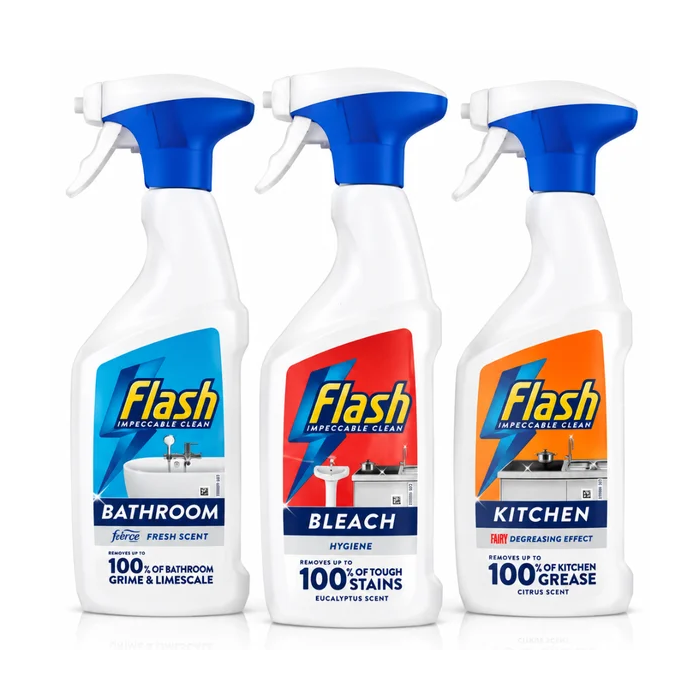 Flash Ultimate Cleaning Trio - Bathroom, Bleach & Kitchen Cleaner Spray Set , Pack of 3 x 500ml
