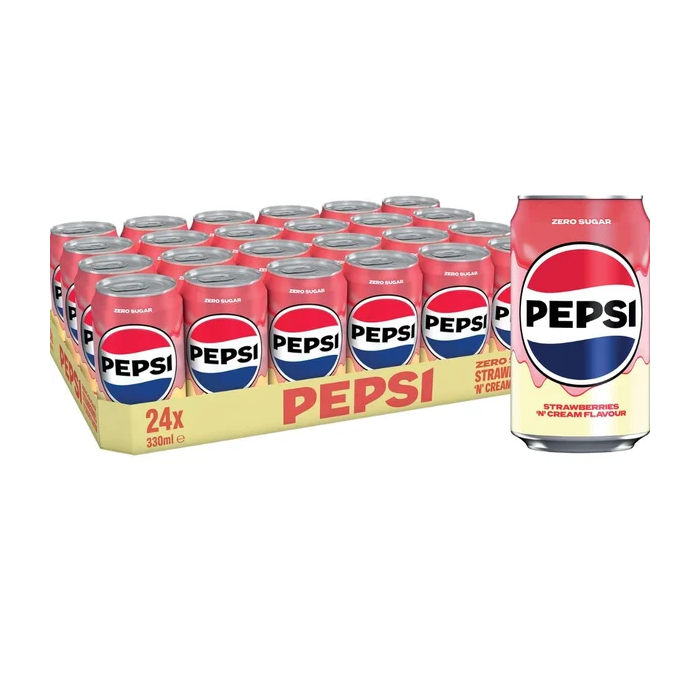 Pepsi Zero Sugar Strawberries 'N' Cream Flavor - Pack of 24 x 330ml - Soft Drink Beverage -  Best Before: April 2026