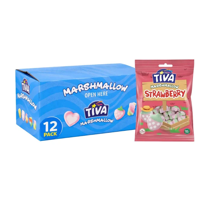 TIVA Marshmallow Strawberry - Pack of 12 x 140g - Soft Fluffy Halal Treat, Best Before:  09/04/2026