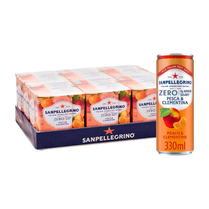 Sanpellegrino Zero Peach & Clementine Sparkling Drink - Pack of 24 x 330ml Cans - No Added Sugars, Low Calories with Italian Fruit Juice