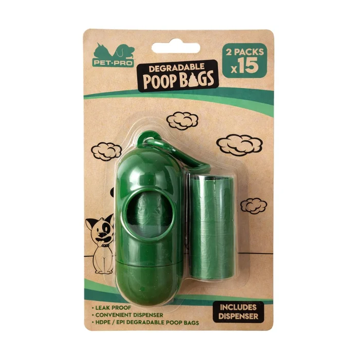 Pet-Pro Degradable Poop Bags with Dispenser – 30 Bags (2 Rolls x 15) – Leak Proof Dog Waste Bags
