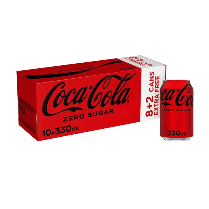 Coca-Cola Zero Sugar Multipack/PMP Cans - Pack of 10 x 330ml - No Sugar, No Calorie Beverage, Best Before: 31/07/2026