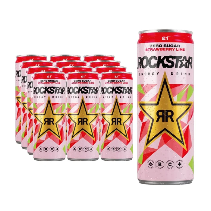 Rockstar Strawberry Lime Zero Sugar Energy Drink PMP - Pack of 12 x 330ml - Refreshing Mixed Fruit Flavour