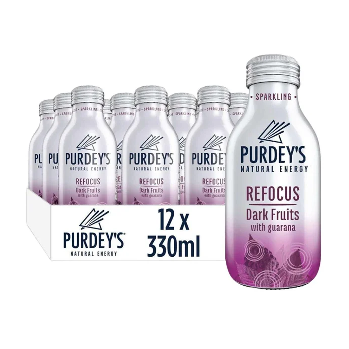 Purdey’s Refocus Dark Fruits Natural Energy Sparkling Drink – Pack of 12 x 330ml – With Guarana, Best Before: July 2026