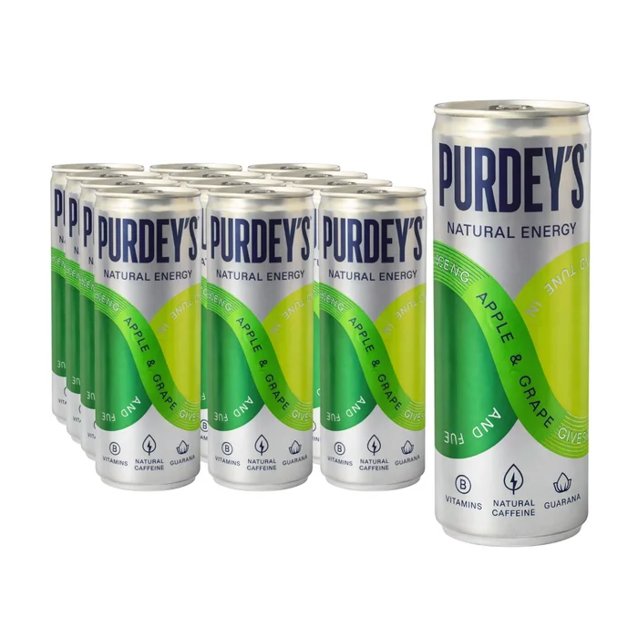 Purdey's Grape & Apple Sparkling Energy Drink Can - Pack of 12 x 250ml - Fruit Drink with Vitamins & Sweetener