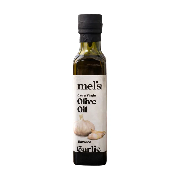 Mel's Kitchen Garlic Flavored Extra Virgin Olive Oil – 250ML Glass Bottle – Ideal for Cooking, Salads & Health
