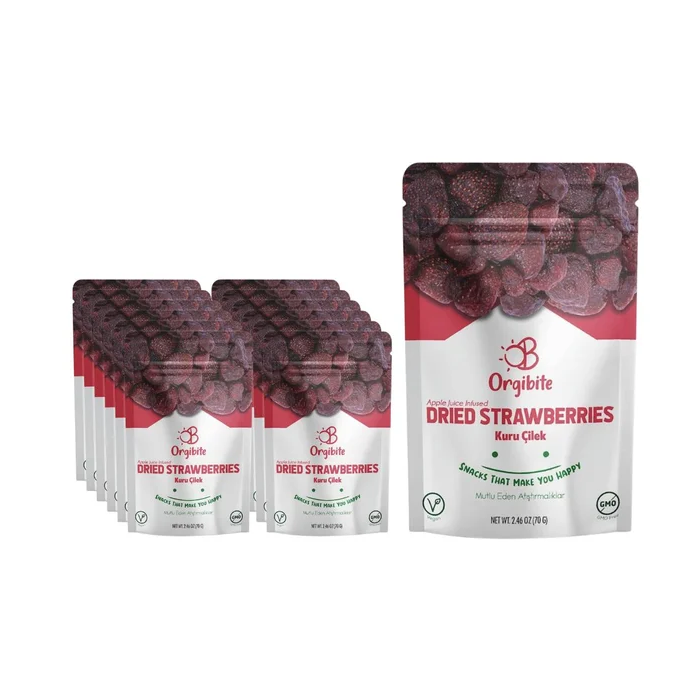 Orgibite Dried Strawberries 840g - Apple Juice Infused - BBE: 22.03.2026 - Pack of 12 x 70g