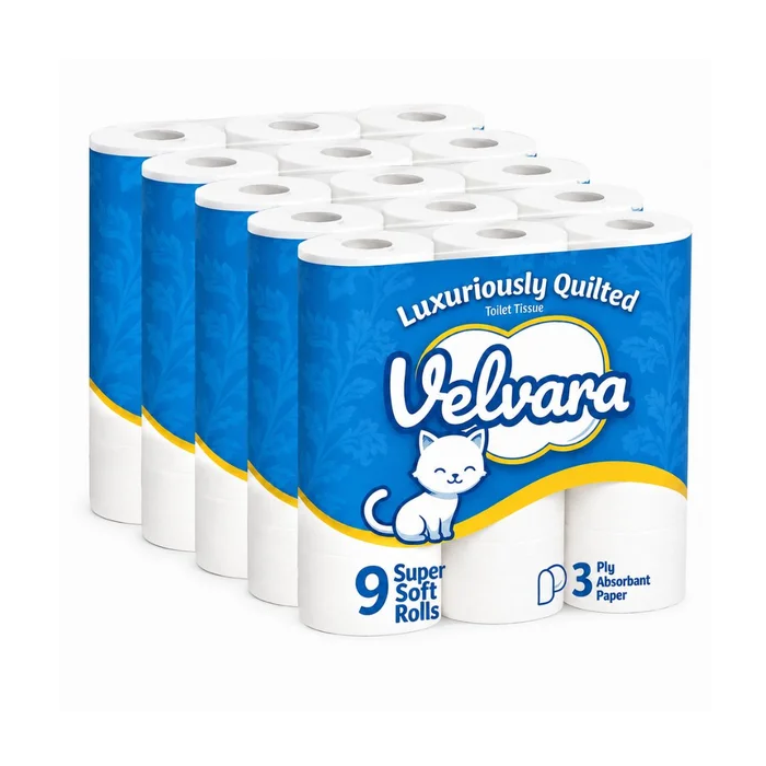 Velvara 3-Ply Luxuriously Quilted Toilet Tissue - Pack of 45 Rolls (5 x 9Rolls) - Super Soft & Absorbent Paper 