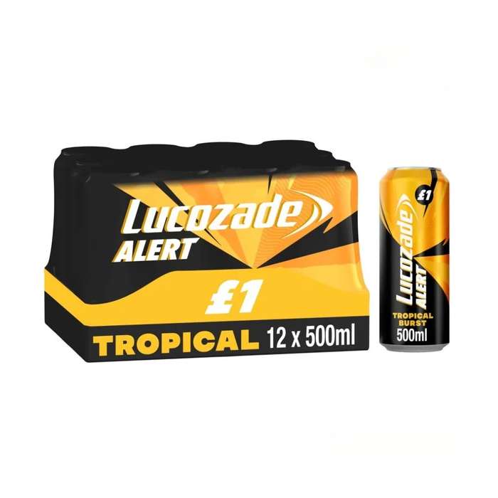 Lucozade Alert Tropical Burst Energy Drink PMP, Pack of 12 x 500ml - High Caffeine + Vitamin B3