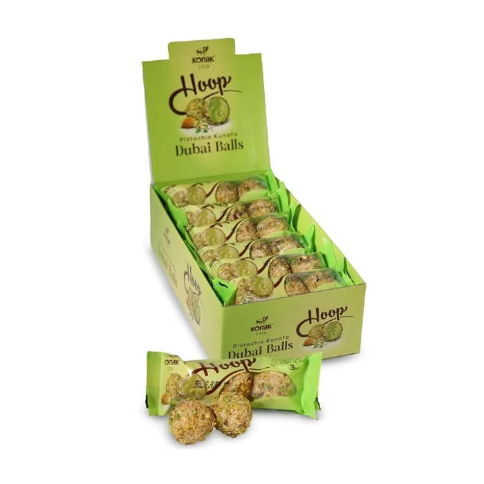 Konak Pistachio Kunafa Dubai Balls Hoop – Pack of 12 x 27g (36 Pieces Total) – Crispy Kataifi & Creamy Pistachio Chocolate Bites