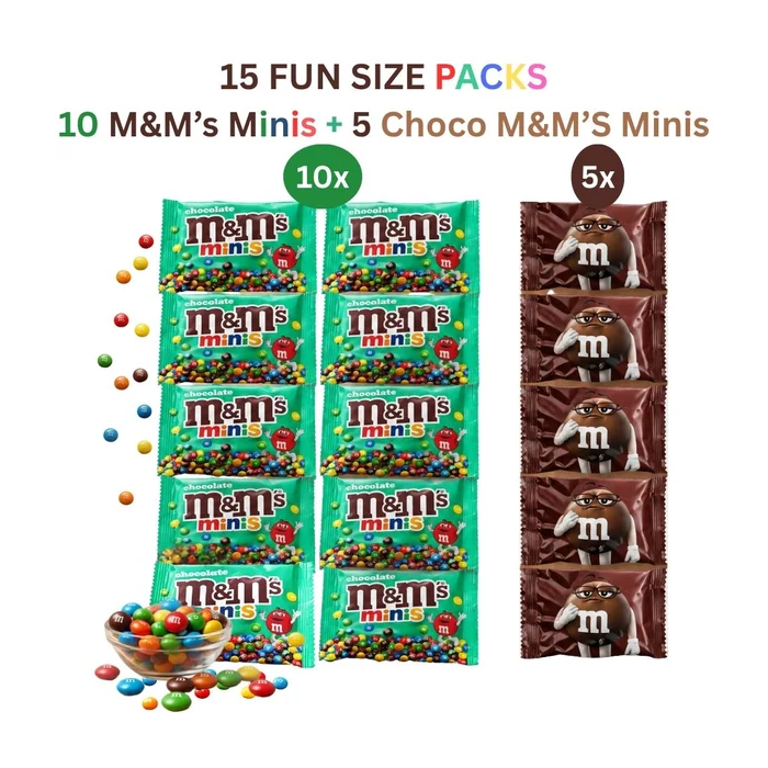 M&M’s Minis & Choco Minis Sharing Pack of 15 x 20g - 10x Minis & 5x Choco, Fun Size Sharing Bags for Parties & Snacking
