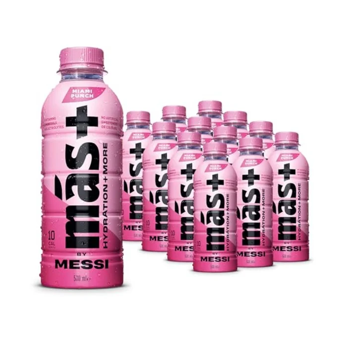 Mas+ By Messi Miami Punch - Vitamin & Electrolyte Sports Drink, Pack of 12 x 500ml - Best Before: 19/5/26 