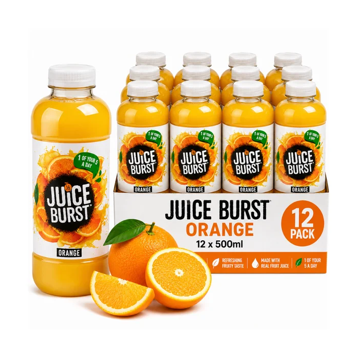 Juice Burst Orange Juice - Everyday Fruity Refreshment, Pack of 12 x 500ml
