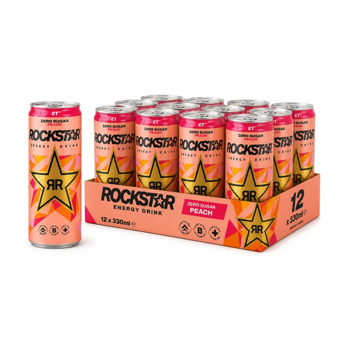 Rockstar Peach Zero Sugar Energy Drink PMP - Pack of 12 x 330ml