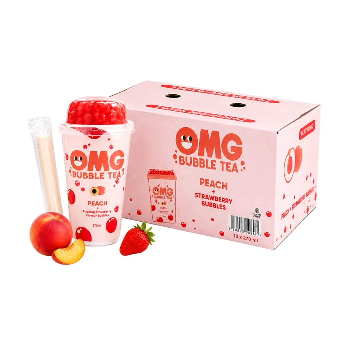 OMG Peach Bubble Tea with Strawberry Popping Bubbles, Pack of 10  x 270ml - Best Before : 15-06-2026