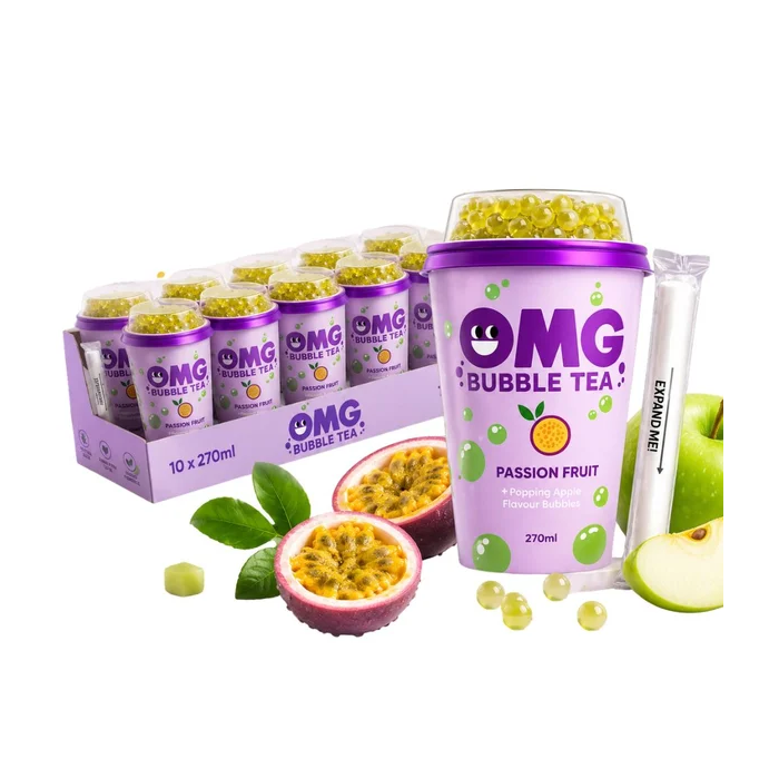 OMG Passion Fruit Bubble Tea with Apple Juice Popping Bubbles, Pack of 10 x 270ml - Best Before: 25/6/2026