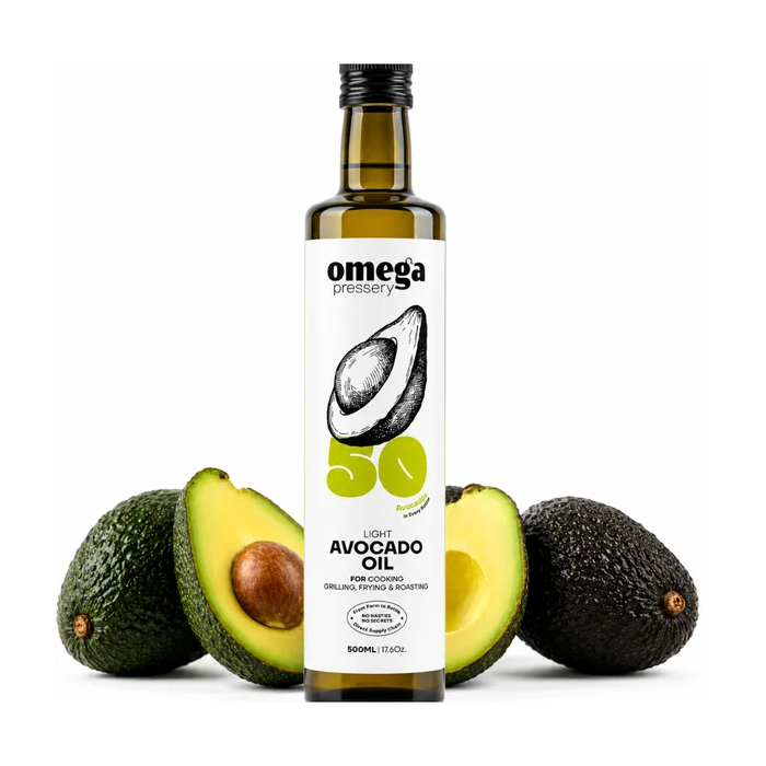 Omega Pressery Light Avocado Oil – 500ml Glass Bottle – Ideal For Cooking Frying & Roasting 