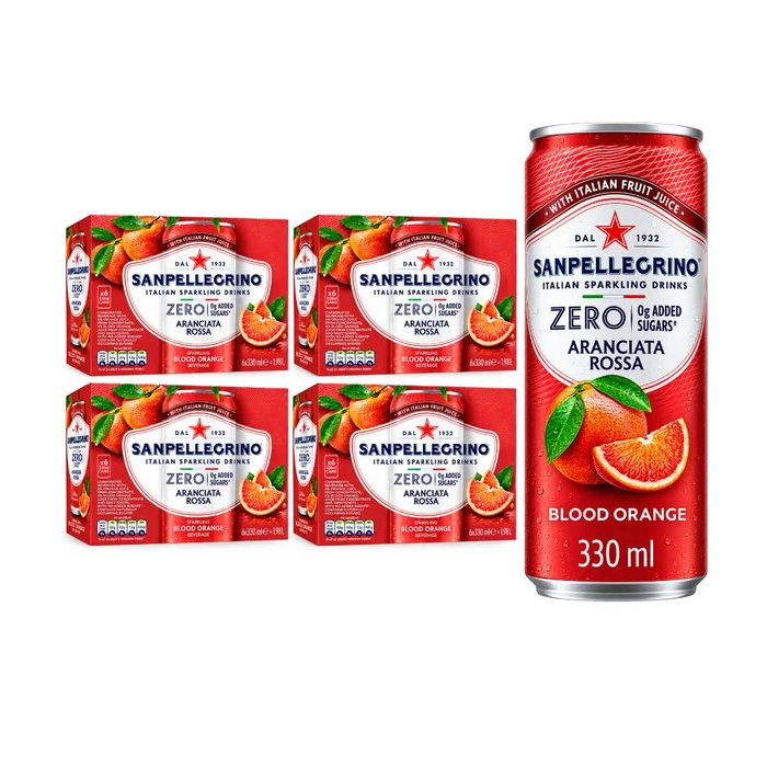 San Pellegrino Zero Aranciata Rossa (Blood Orange) 330ml, Pack of 24 (4x6pk) - Italian Sparkling Fruit Drink