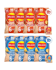 Walkers Baked Assorted Crisps - Pack of 48 (8x6pk) x 22g, Included Flavours: 24x Sea Salt and 24x Cheese & Onion