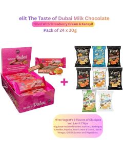 Elit Dubai Milk Chocolate Filled with Strawberry Cream & Kadayif - Pack of 24 x 30g + FREE Vegeat&rsquo;s 8-Flavour Chickpea & Lentil Chip 50g Each (Sea Salt, Barbecue, Cheddar, Paprika, Sour Cream & Onion, Salt & Vinegar, Chilli & Lemon, Vegetables)