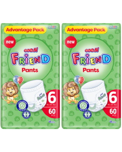 GOO.N Friend Pants Size 6 (15-25kg) Advantage Pack of 2x60pcs (Total - 120 Nappies) Hypoallergenic Kind on Skin, Thin Structure, Easy Movement