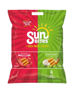 Sun Bites Assorted Crisps - Pack of 24 x 25g - Included Flavours: Sweet Chilli 3x(6x25g) & Sour Cream and Cracked Black Pepper 1x(6x25g). BBE: 06/12/2025