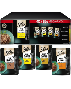 Sheba Fine Flakes in Jelly Poultry Selection - Pack of 40 x 85g - Available Flavours: 10x Duck, 10x Chicken, 10x Poultry, 10x Turkey