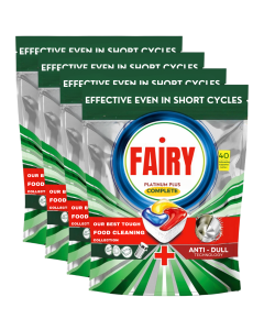 Fairy Platinum Plus Complete Dishwasher Tablets 160 (4x 40) Lemon Capsules with Anti-Dull Technology & Rinse Aid Effect Effective in Short Cycles