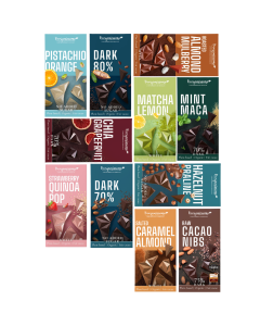 Benjamissimo Organic Vegan Chocolate 60g x11 - Roasted Almond Mulberry, Raw Cacao 75%, Chia Grapefruit 70%, Dark 70%, Hazelnut Praline, Dark 80%, Pistachio Orange, Matcha Lemon White, Strawberry Quinoa  White, Mint Matcha 70%, Salted Caramel Almond  White